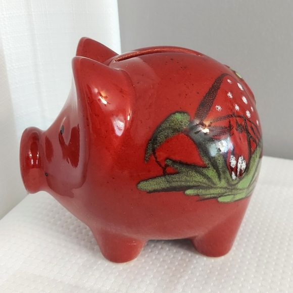 Stoneware Piggy Bank Glazed Mushroom Floral Coin Container Germany - Picture 2 of 8